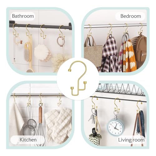 Bathway 12-Pack Double Shower Curtain Hooks, Rust-Resistant Metal Shower Curtain Rings with High-Low Design to Separate Liner & Curtain, Smooth Glide, Gold - color: Gold