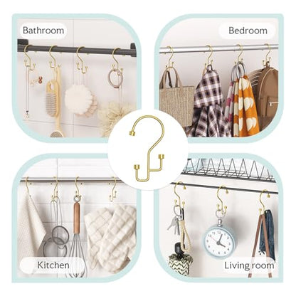 Bathway 12-Pack Double Shower Curtain Hooks, Rust-Resistant Metal Shower Curtain Rings with High-Low Design to Separate Liner & Curtain, Smooth Glide, Gold - color: Gold