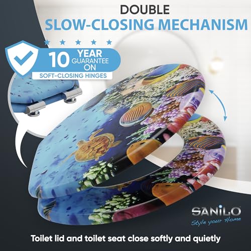 SANILO Wooden Toilet Seat with Soft Close [ROUND] - Decorative, Quiet & Slow Close Molded Wood Seat - With Strong Bumpers & Hinges - Adjustable Fit – Ocean - color: Ocean