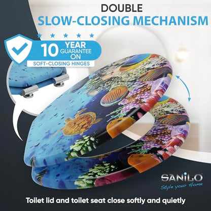 SANILO Wooden Toilet Seat with Soft Close [ROUND] - Decorative, Quiet & Slow Close Molded Wood Seat - With Strong Bumpers & Hinges - Adjustable Fit – Ocean - color: Ocean