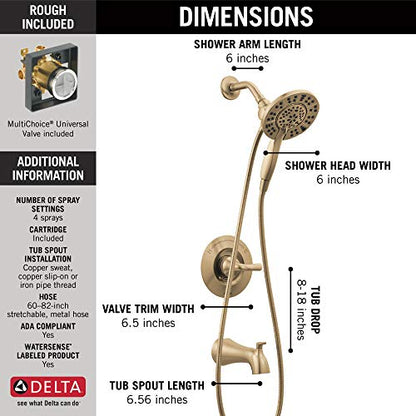Delta Arvo 14 Series Brushed Gold Bathtub Shower Faucet Set with In2ition 2-in-1 Dual Shower Head with Handheld Spray Combo, Valve Trim Kit, Champagne Bronze 144840-CZ-I (Valve Included) - color: Champagne Bronze
