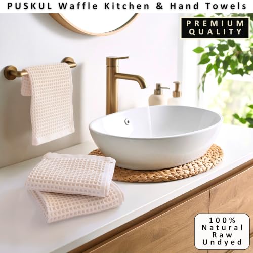 PÜSKÜL Natural 100% Turkish Cotton Waffle Hand and Kitchen Towels Set of 3 | Raw-Undyed, Large 32x16 inc, Honeycomb-Waffle weave towel for bathroom & kitchen. Premium quality oeko-tex made in Turkey. - color: Natural Raw-undyed, size: Kitchen & Hand Towel