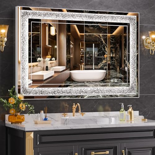 WINNICE 40"x26" LED Diamond Wall Mirror, Dim & Anti-Fog | Crystal glass, dimmable & anti-fog, mounts vertical/horizontal, ideal for bathroom, bedroom, living room. - size: 26"L x 40"W