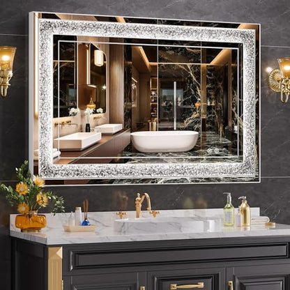 WINNICE 40"x26" LED Diamond Wall Mirror, Dim & Anti-Fog | Crystal glass, dimmable & anti-fog, mounts vertical/horizontal, ideal for bathroom, bedroom, living room. - size: 26"L x 40"W