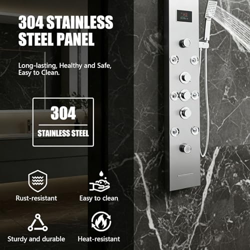 6-in-1 LED Shower Panel Tower System with 8 Adjustable Body Jets, Rainfall & Waterfall Shower, Smart Temperature Display, 59" Hose, Brushed Gold Stainless Steel, Wall Mounted (Silver) - color: Silver