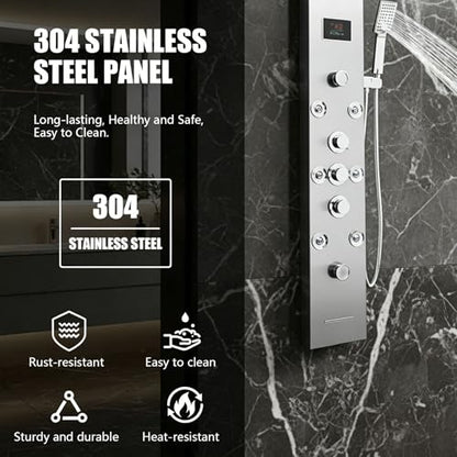 6-in-1 LED Shower Panel Tower System with 8 Adjustable Body Jets, Rainfall & Waterfall Shower, Smart Temperature Display, 59" Hose, Brushed Gold Stainless Steel, Wall Mounted (Silver) - color: Silver