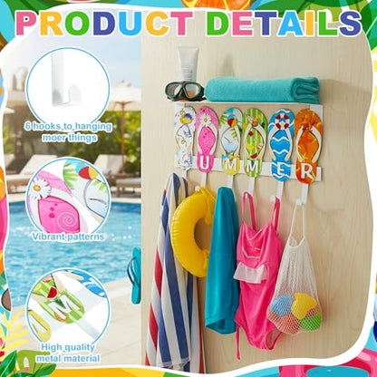 Pool Towel Rack Outdoor with 6 Hooks Summer Beach Wall Hook | 15.7" x 5.1" Wall Mounted Metal Towel Holder, Flip Hanger Hawaiian Rack, for Bathrobes Clothes Bag Swimsuit, Bathroom Decor