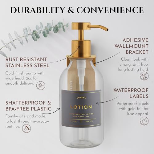 Shower Shampoo Dispenser Wall Mounted – 3 Refillable 16.9 oz Clear Bottles with Stainless Steel Pumps & No-Drill Adhesive Holders – Soap Dispenser Set for Bathroom (3 X Clear/Gold) - color: 3 X Clear/Gold