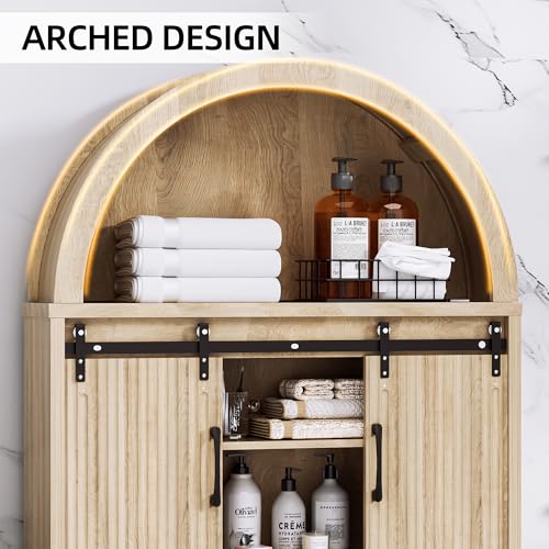 AHB Over The Toilet Storage Cabinet with Sliding Doors, Natural | Arched Cabinet Freestanding Bathroom Organizer Anti-Tip Device Space-Saving Toilet Storage for Bathroom, Laundry