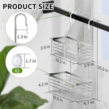 SHANSHUI Shower Hanging Caddy, Double Bathroom Showers Organizer Basket, Shampoo Bracket, Over Door Shower Rack with Hooks, 304 Stainless Steel Rustproof - size: 10.8"D x 4.7"W x 25.9"H