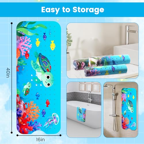 Bath Mat for Tub, Bathtub Mat for Kids Adults, Anti Slip, 40"x16" Extra Long, Suction Cup for Strong Grip, Eco Friendly, Easy Clean,Under The Sea Design (Light Blue) - color: Light Blue