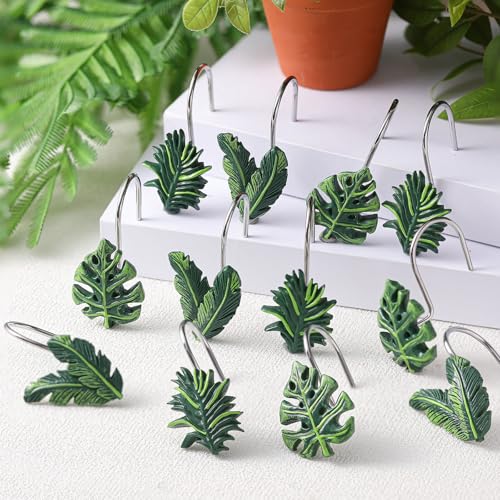 12 Pcs Tropical Leaf Decorative Shower Curtain Hooks Cute Green Monstera Deliciosa Leaves Curtain Rings Hanger Stainless Steel Resin Tropical Botanical Themed Hooks for Home Bathroom Decor - style: Tropical