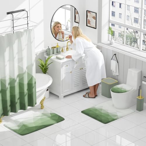 XLHOMO Bathroom Accessory Set - 26PC Bathroom Shower Curtain and Rug Set, Bathroom Accessories Set, Sage Green Bathroom Set with Trash Can, Toilet Brush, Qtip Holder & Soap Dispenser - style: Sage Green