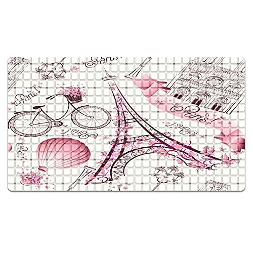 Bath Tub Mat Non Slip Shower Mat Paris Eiffel Tower Pink Retro Love Bike Hot Balloon Extra Long Bathtub Mat 26.8x15 inches Bathroom Bath Mat with Suction Cups Drain Holes Machine Washable