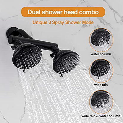 High Pressure Double Shower Head with Shut-Off Valve and Shower Arm Set Solid Brass Casting Dual Outlet Manifold Dual Shower Fixed Head 3 Function Shower Heads Sprayers, Matte Black - color: Matte Black