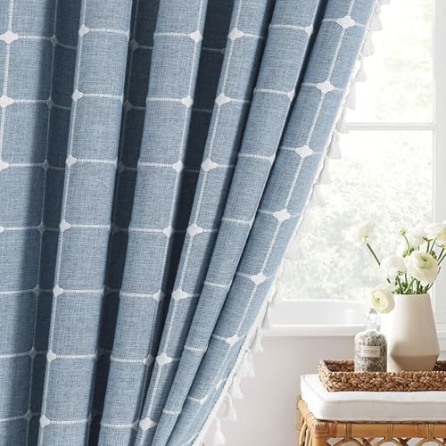 Boho Farmhouse Classic Plaid Linen Tassel Shower Curtain Blue,36x72 | Small Stall Half Size,310GSM Linen Blend Heavy Duty Cloth,3-side Tassels,Wrinkle Resistant,Rustic Bohemian Country design - color: Blue, size: 36"W x 72"L (Pack of 1)