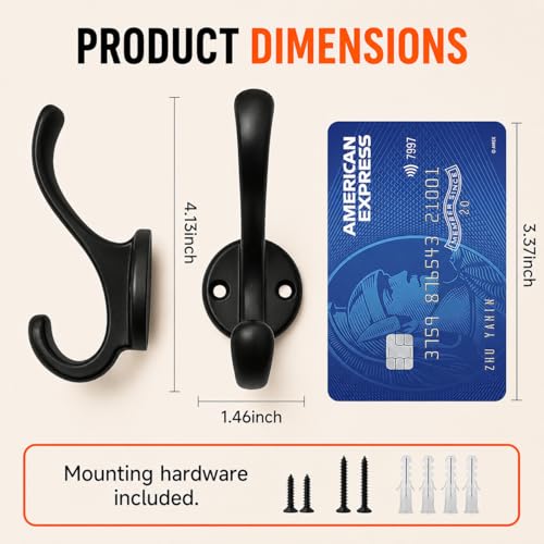 6 Pack Coat Hooks Wall Mount, Heavy Duty Wall Hooks for Hanging Coats, Towel, Hat and Robe, Black Metal Wall Hooks for Bathroom, Entryway, Bedroom - color: Black-6 Pack