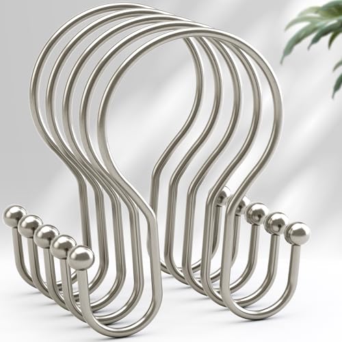AmazerBath Shower Curtain Hooks Brushed Nickel Shower Curtain Rings, Simple Double Hook Shower Curtain Hooks Rust Proof, Smooth Glide Metal Shower Hooks for Shower Curtain, 12Pcs Shower Rod Hooks - color: Nickel, style: Minimalist - Double Shower Hooks