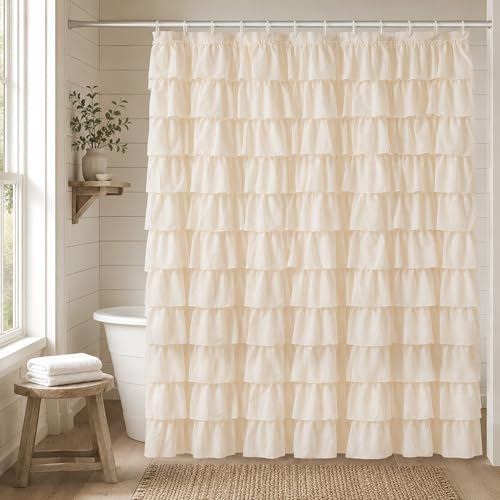 Beige Ruffle Shower Curtain for Bathroom, 72x84 inch, Elegant Ruffled Panel | Ruched Fabric Texture, Cascading Waterfall Ruffles, Extra-Long 72 X 84, 12 Hooks Included, Machine Washable, Opaque Rustic - color: Beige, size: 72"W x 84"L (Pack of 1)