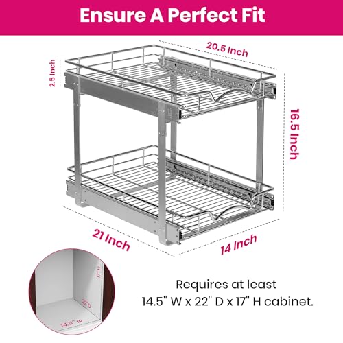 2-Tier Pull-Out Cabinet Organizer for Kitchen, 14" W x 21”D x 16.5" H | Full-Extension Sliding Shelves, Holds 100 lbs, Easy Install for Kitchen, Pantry & Under Sink Cabinets - size: 14 Inch
