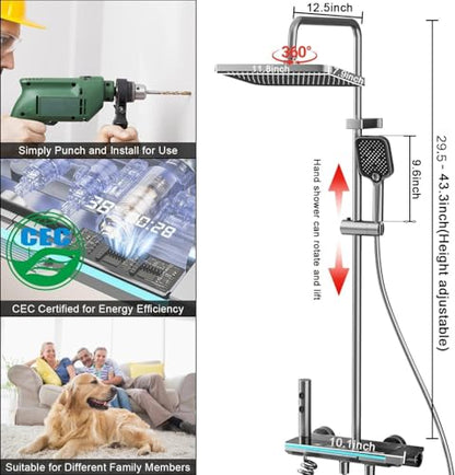 Shower Faucet Sets Complete Thermostatic Shower System Piano-Key Digital Shower Combo Wall Mounted Shower Trim Kit with 11.8" Rain Shower Head,4.5" Shower Head 2 in 1 Handheld Tub Spout (Gray)