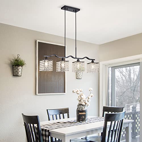 WUZUPS Crystal Chandelier 4-Light Linear Raindrop Pendant Ceiling Light Modern Lighting Fixture for Bedroom Dinning Room Bar Kitchen Island, H8.7'' W4.7'' L30.5, E12 Base, Black - color: Black Pendnat Light