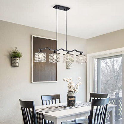 WUZUPS Crystal Chandelier 4-Light Linear Raindrop Pendant Ceiling Light Modern Lighting Fixture for Bedroom Dinning Room Bar Kitchen Island, H8.7'' W4.7'' L30.5, E12 Base, Black - color: Black Pendnat Light
