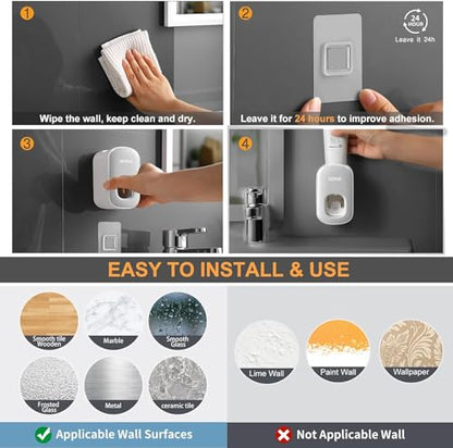 MOPMS Automatic Toothpaste Dispenser Wall Mounted for Kids and Adult 2Pcs | Automatic Toothpaste Squeezer Holder for Bathrooms - color: 1pcs Grey+1pcs Black
