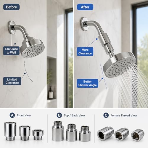 Shower Head Extension Arm Set, Stackable 10mm 20mm 30mm Combo, Solid Brass Chrome Plated G1/2 Shower Head Extender Kit for Adjustable Shower Height & Spacing