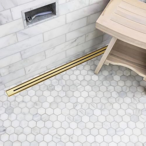 28 Inch Ultra Narrow Linear Shower Drain, Brushed Gold Extra Slim Shower Drain, 304 Stainless Steel, Easy to Install and Clean for Bathrooms (Drain Base Not Included), LSDE8-31A-28G - color: Brushed Gold, size: 28 Inch