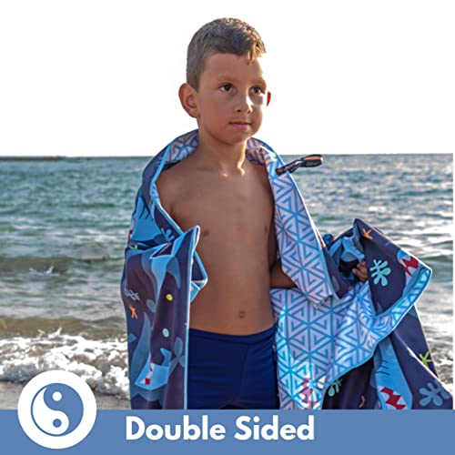 Microfiber Kids Toddler Beach Towel, Quick Dry, Sand Free, 60x30 | Pool towel, ultra-soft, girls and boys, travel pouch, camping travel vacation, toallas playas - color: Sharks