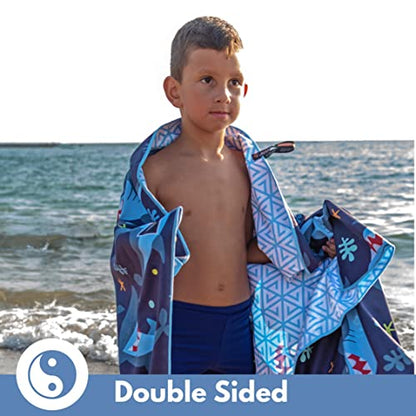 Microfiber Kids Toddler Beach Towel, Quick Dry, Sand Free, 60x30 | Pool towel, ultra-soft, girls and boys, travel pouch, camping travel vacation, toallas playas - color: Sharks