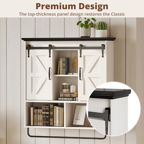 IRONCK Bathroom Wall Cabinet, Farmhouse Medicine Cabinet with Sliding Barn Door and LED Lights, Storage Cabinet Wall Mounted with Adjustable Shelves & Towel Bar for Bathroom, Kitchen, White