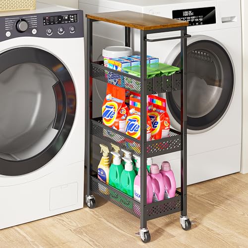 XYZLVSI Slim Rolling Storage Cart, 4 Tier Small Bathroom Cart Organizer | 9.1" W narrow storage cabinet with wooden top and metal handle, ideal for kitchen/dorm, between washer and dryer storage - size: 16.7"Dx9.1"Wx34"H
