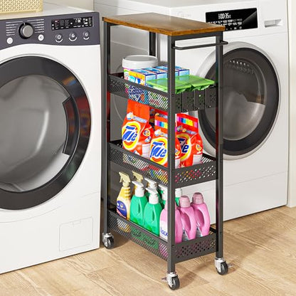 XYZLVSI Slim Rolling Storage Cart, 4 Tier Small Bathroom Cart Organizer | 9.1" W narrow storage cabinet with wooden top and metal handle, ideal for kitchen/dorm, between washer and dryer storage - size: 16.7"Dx9.1"Wx34"H