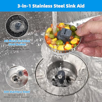 Hibbent 3 in 1 Kitchen Sink Drain Strainer, Stainless Steel Wrapped Shell Drain Stopper Combo, Pop Up Sink Stopper, 3 Anti-Clogging Metal Basket Strainer with Handle for US Standard 3-1/2" Drain - style: SUS304 Drain Part with 3 SUS304 Strainers
