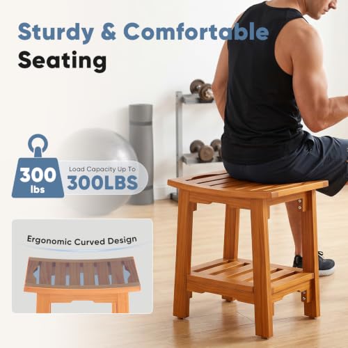 DUMOS Wooden Shower Bench, 18" Waterproof Shower Stool for Inside Showers | Non-Slip Bathroom Bench with Shelf & Handles for Senior Adult, Disabled Elderly, 300 LBS Capacity, Brown - size: 14"W