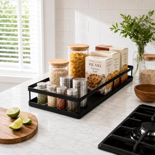 Pull Out Cabinet Organizer, 1-Tier Metal Slide Out Basket | Black metal mesh basket, smooth slide-out rail, no-drill adhesive setup, for frameless kitchen cabinets and pantry storage