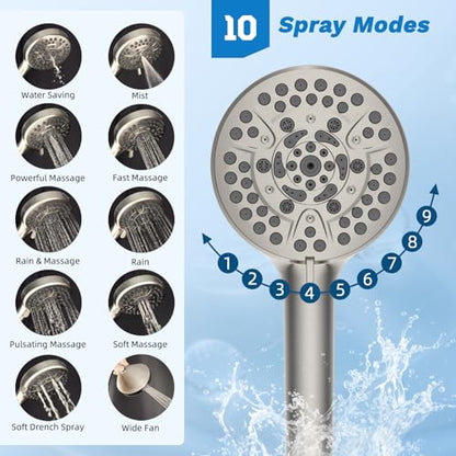 Hibbent High Pressue All Metal 10" Rainfall Shower Head, Handheld 10-Spray | cUPC Certified Brushed Nickel Dual Showerhead Combo, 4-way Diverter with Pause Mode, Brass Extension Arm, 71'' Hose & Holder - color: Brushed Nickel, style: Square 10"