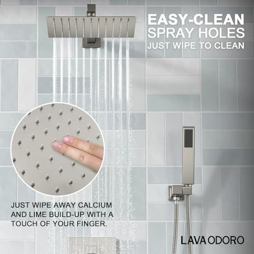 Lava Odoro Modern 3-Setting Square Shower and Tub Faucet Set with Shower Head and Handheld Sprayer Brushed Nickel, Rainfall Shower System with Tub Spout, Shower Valve Trim Kit, SF103-BN-T - color: Brushed Nickel, style: With Tub Spout