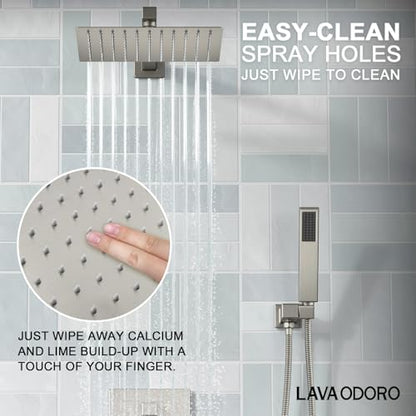 Lava Odoro Modern 2-Setting Square Shower System with Rain Shower Head and Handheld Spray Brushed Nickel, Rainfall Shower Faucet Set Brushed Nickel, Shower Valve and Trim Kit, SF103-BN - color: Brushed Nickel, style: Without Tub Spout