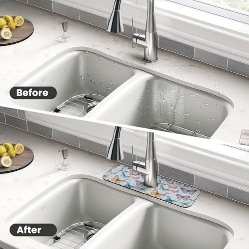 Butterfly Butterflies Kitchen Sink Splash Guard Faucet Mat Super Absorbent Fast Drying Mat Sink Gadgets-Fast Drying Pad Sink Mat For Kitchen Bathroom (15" X 5.5" ) - color: Butterfly