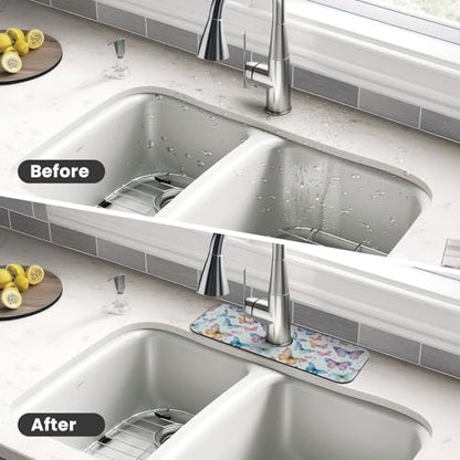 Butterfly Butterflies Kitchen Sink Splash Guard Faucet Mat Super Absorbent Fast Drying Mat Sink Gadgets-Fast Drying Pad Sink Mat For Kitchen Bathroom (15" X 5.5" ) - color: Butterfly