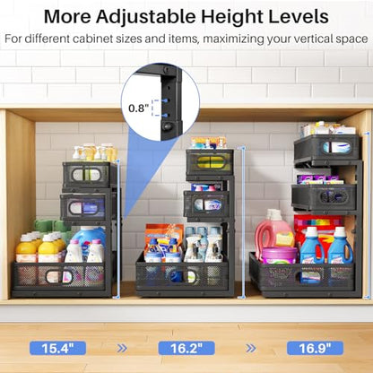 Under Sink Organizer, 3-Tier Thickened Metal Pull out Cabinet Organizer Shelf, Height Adjustable Slide out Storage Drawer Rack for Kitchen Bathroom Pantry Laundry Home Organization, 1-Pack, Black | 35% Extra Storage Capacity, Carbon Steel, Hold Up 55lbs,