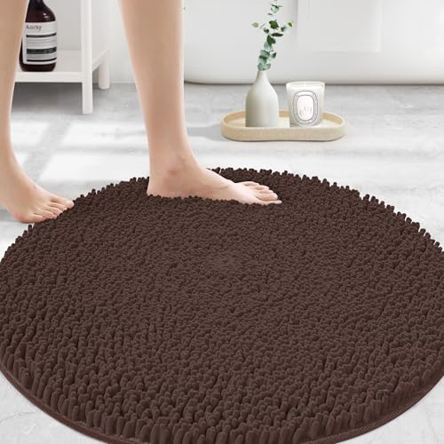 MAYSHINE Round Area Rug Set for Bathroom | Soft Plush Chenille Bath Mat, Water Absorbent Non-Slip Bathroom Rug | Washable Shag Carpet for Shower, Bedroom, or Home Décor | 36"x36" (Round) | Brown - color: Brown, size: 36"x36" Round