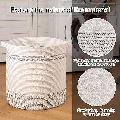 OIAHOMY 80L Laundry Basket, Laundry Hamper, Cotton Rope Storage Basket with Handles, Decorative Woven Basket for Living Room,Storage Baskets for Clothes, Blankets, and Toys -20''×18'', White&Gray | Tall Dirty Clothes Hamper with Handle,Blanket Basket,Deco