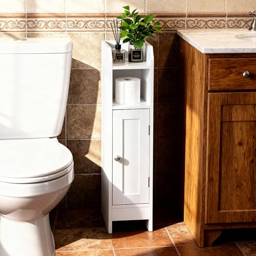 ZENY Slim Bathroom Storage Cabinet, Narrow Bathroom Cabinet with Door and Adjustable Shelves, Freestanding Toilet Paper Storage Cabinet for Small Spaces (White)