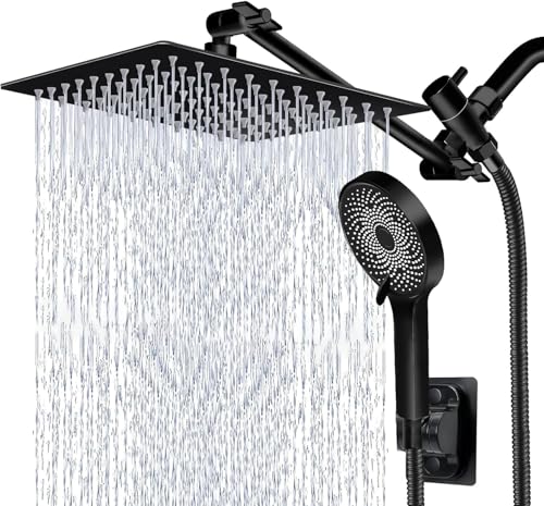 Shower Head,10 Inch High Pressure Rain Shower Head with Handheld Spray Combo, Adjustable Dual Rainfall Shower Head - Showerhead Comb Set with Extension Arm - 60 Inch Long Shower Hose(Black) - color: Black, size: 10 Inch - Standard
