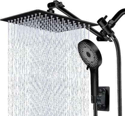 Shower Head,10 Inch High Pressure Rain Shower Head with Handheld Spray Combo, Adjustable Dual Rainfall Shower Head - Showerhead Comb Set with Extension Arm - 60 Inch Long Shower Hose(Black) - color: Black, size: 10 Inch - Standard