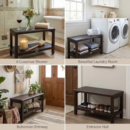 DecoTeak Eleganto 30" Teak Shower Bench with Shelf & LiftAide Arms | Shower bench with shelf supports up to 250 lbs and keeps towels, toiletries, and bathroom accessories neatly organized - size: 30" Length x 12" Width x 18" Height